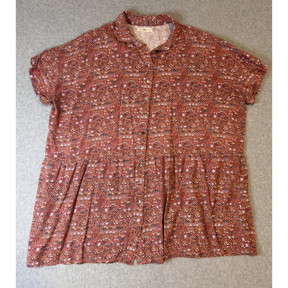 Natural Life V-Neck Tiered Tunic Mini Dress ~ Floral Ditsy Button Down Boho L/XL